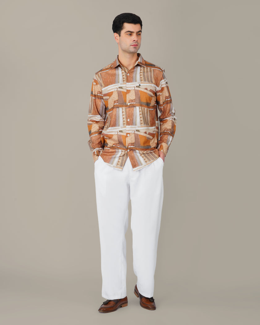 Terracotta Abstract Print Smooth Polyester Button-Up Shirt