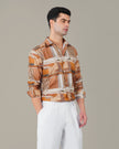 Terracotta Abstract Print Smooth Polyester Button-Up Shirt