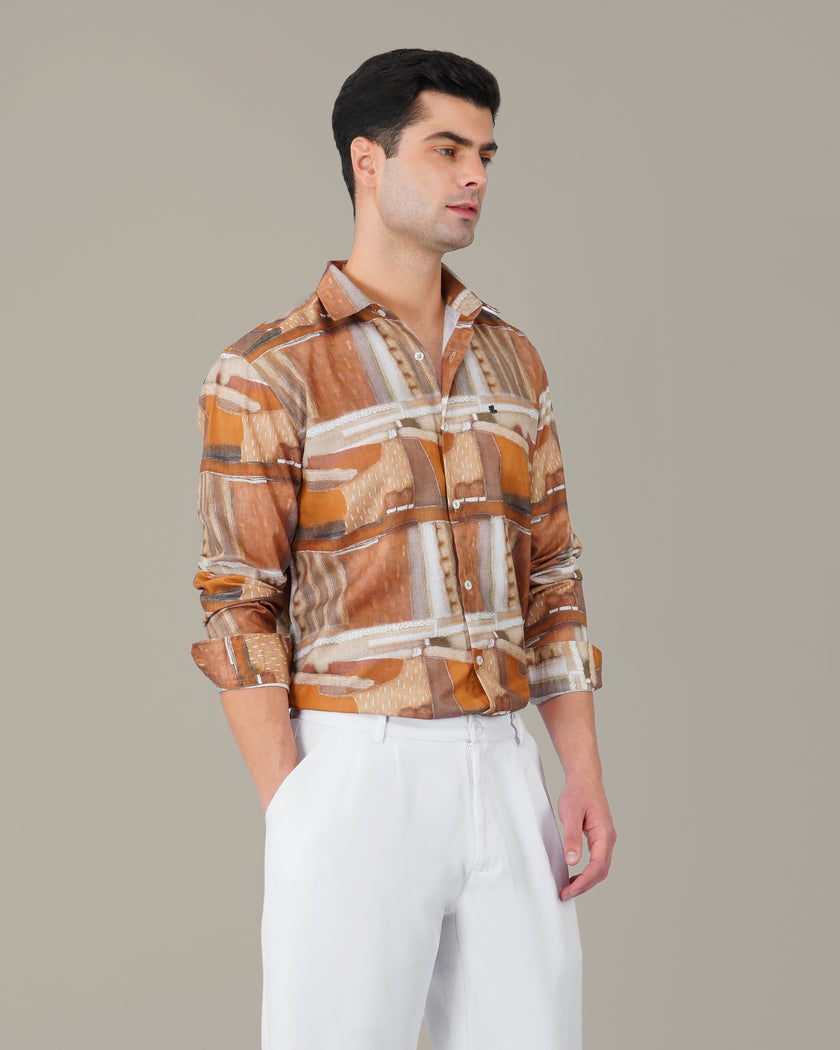 Terracotta Abstract Print Smooth Polyester Button-Up Shirt