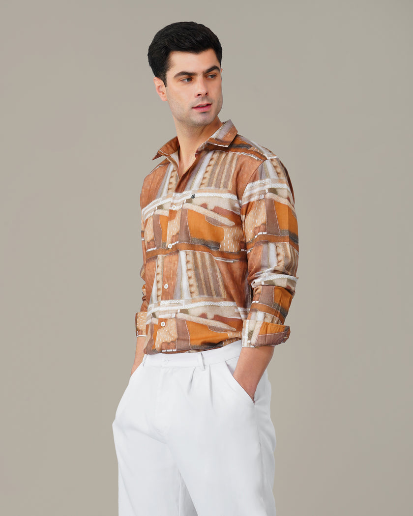 Terracotta Abstract Print Smooth Polyester Button-Up Shirt