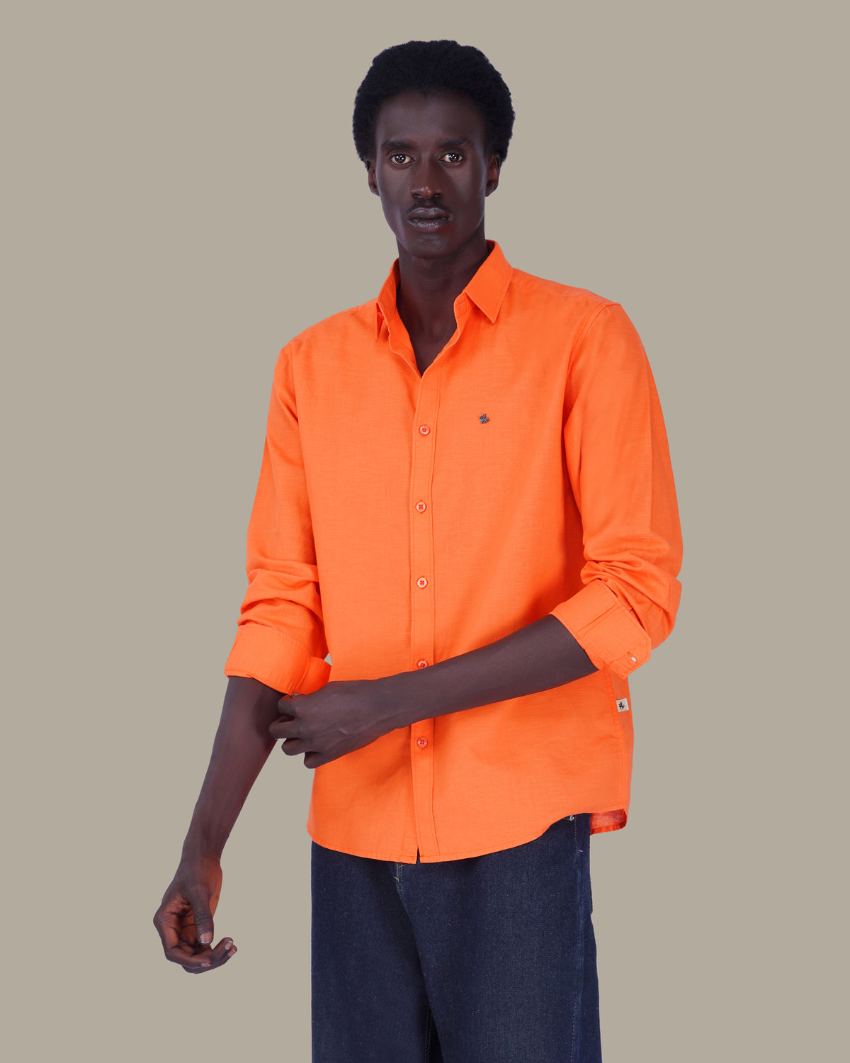 Orange Solid 100% Cotton Slub Button-Up Shirt