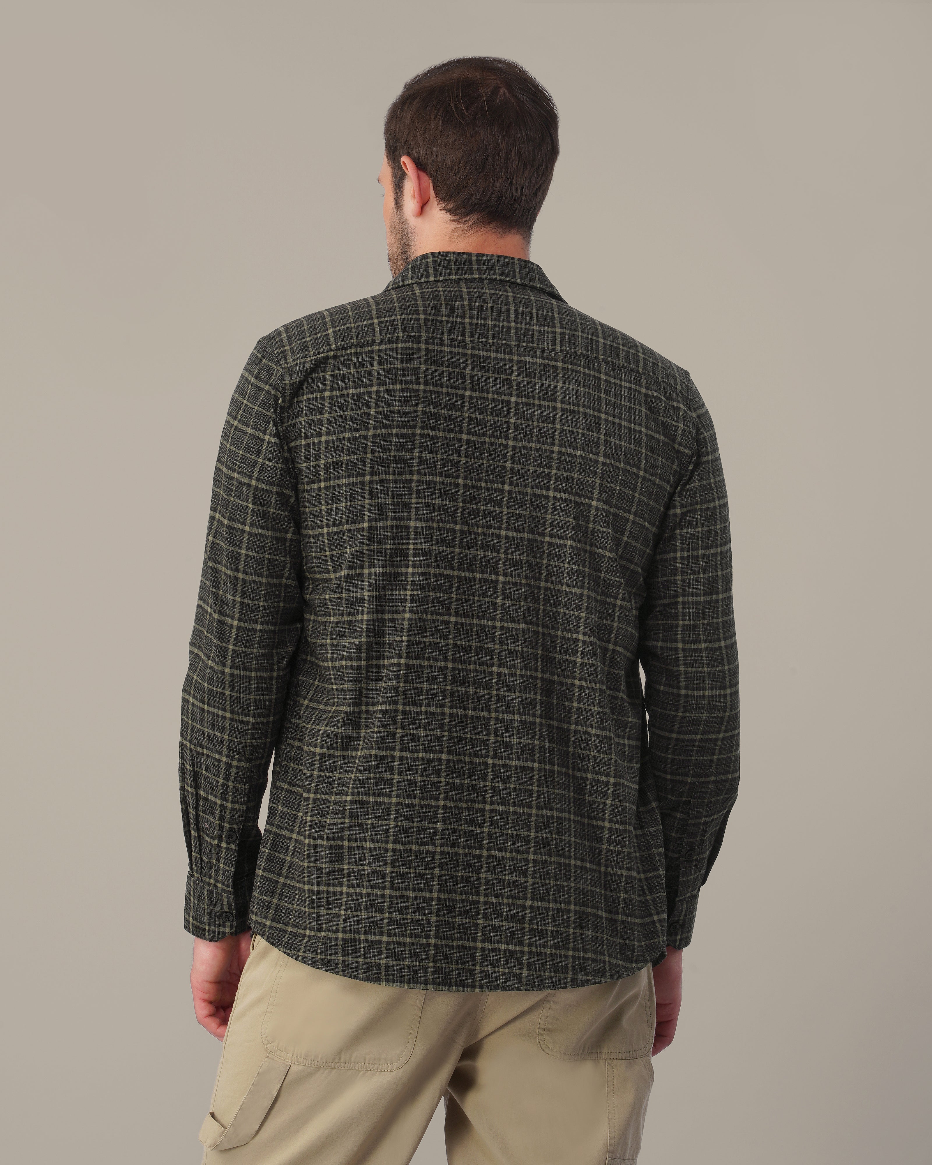 Olive Green Plaid Linen Cotton Regular Fit Shirt