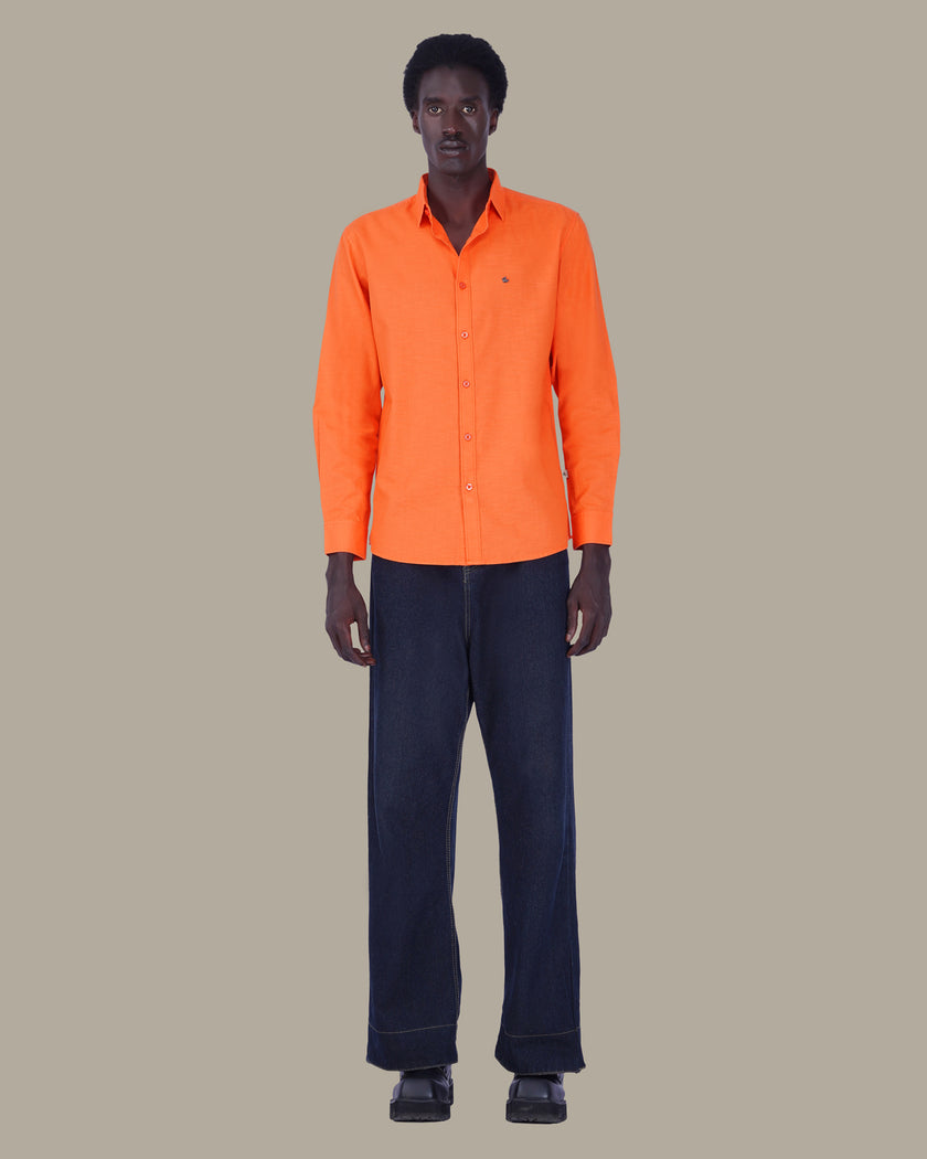 Orange Solid 100% Cotton Slub Button-Up Shirt