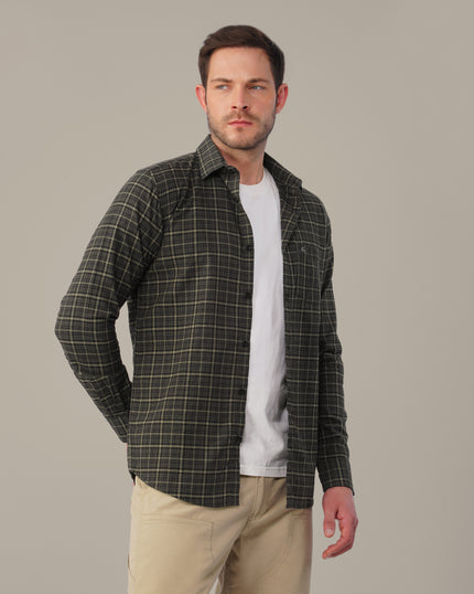 Olive Green Plaid Linen Cotton Regular Fit Shirt