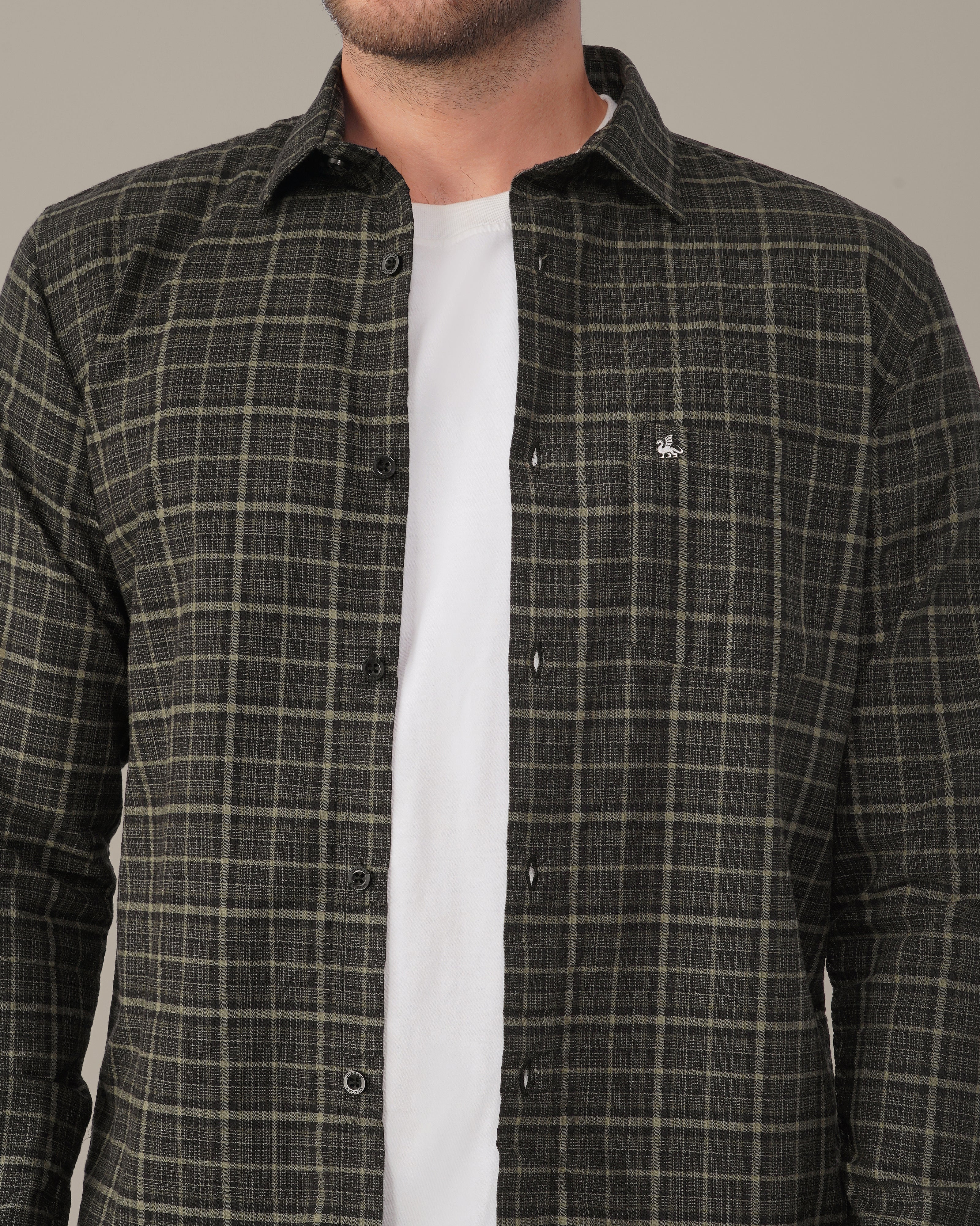 Olive Green Plaid Linen Cotton Regular Fit Shirt