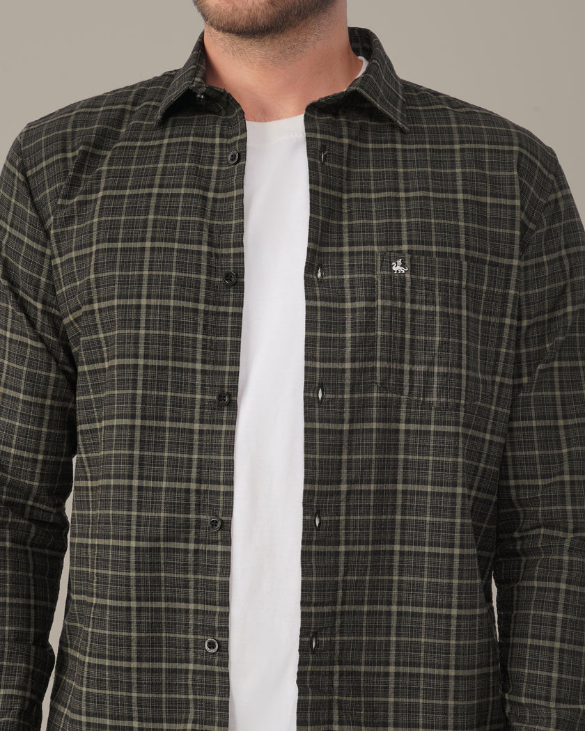 Olive Green Plaid Linen Cotton Regular Fit Shirt
