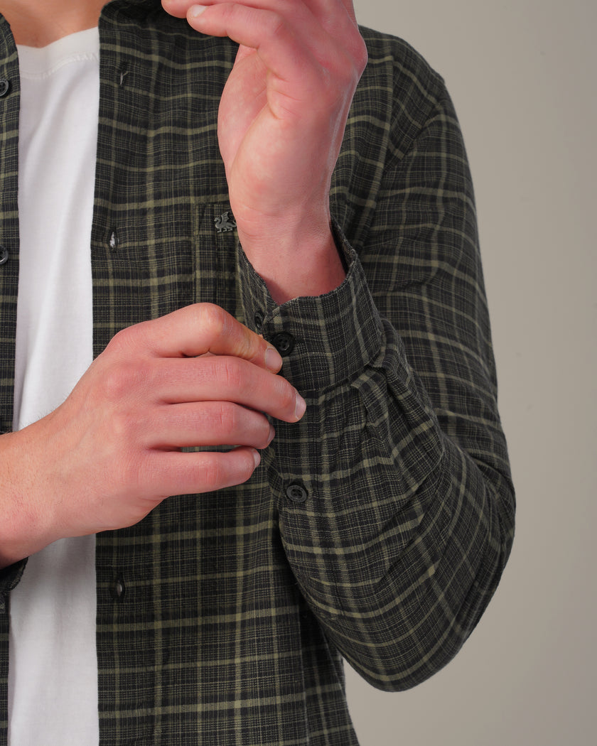 Olive Green Plaid Linen Cotton Regular Fit Shirt
