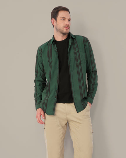 Teal Striped Poly Viscose Regular Fit Shirt