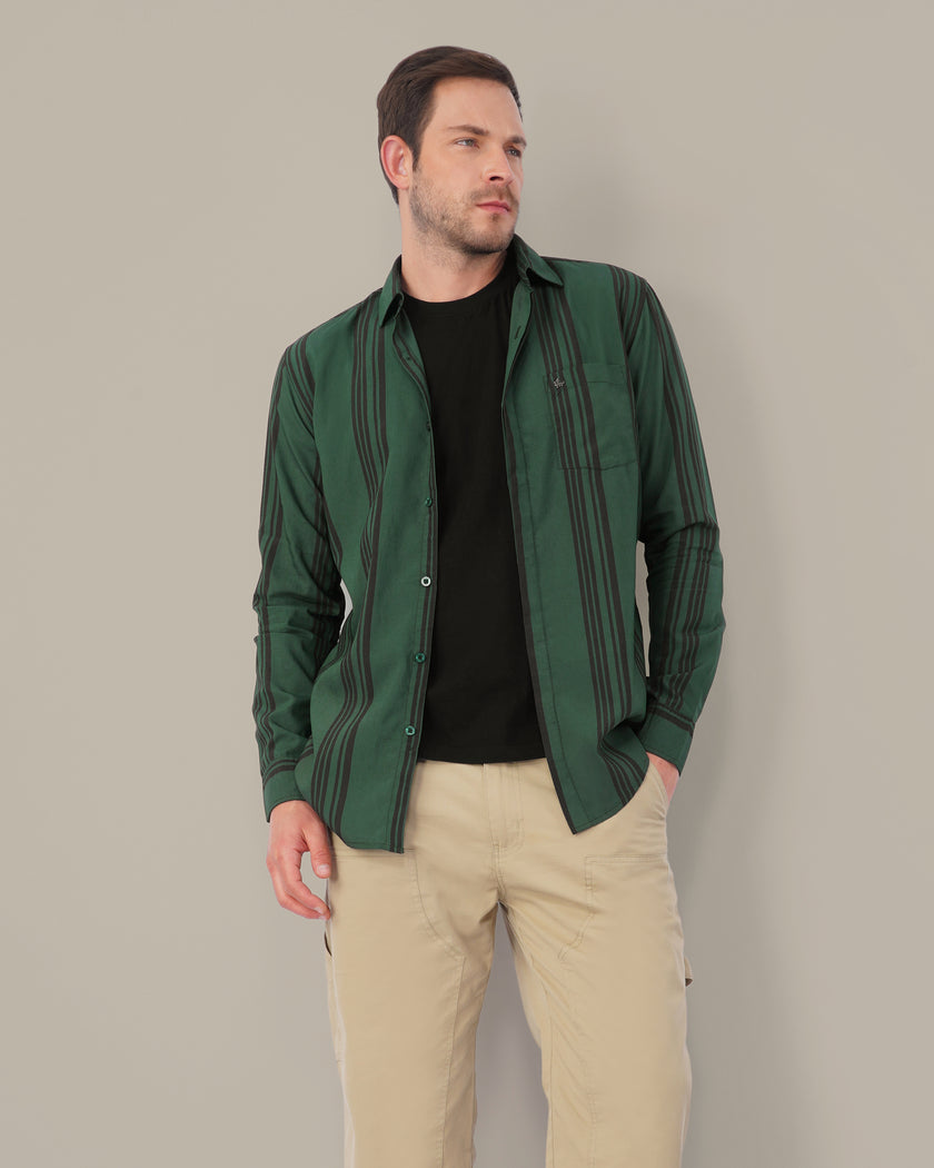 Teal Striped Poly Viscose Regular Fit Shirt
