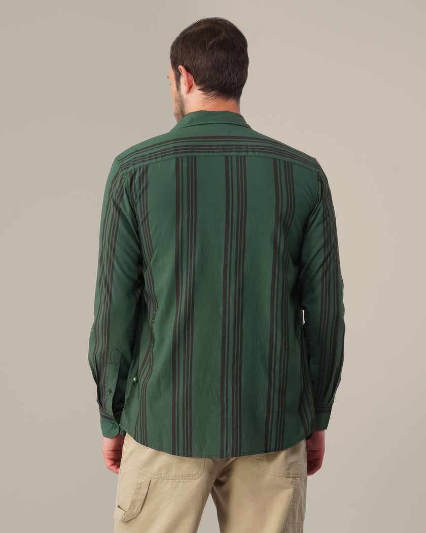 Teal Striped Poly Viscose Regular Fit Shirt