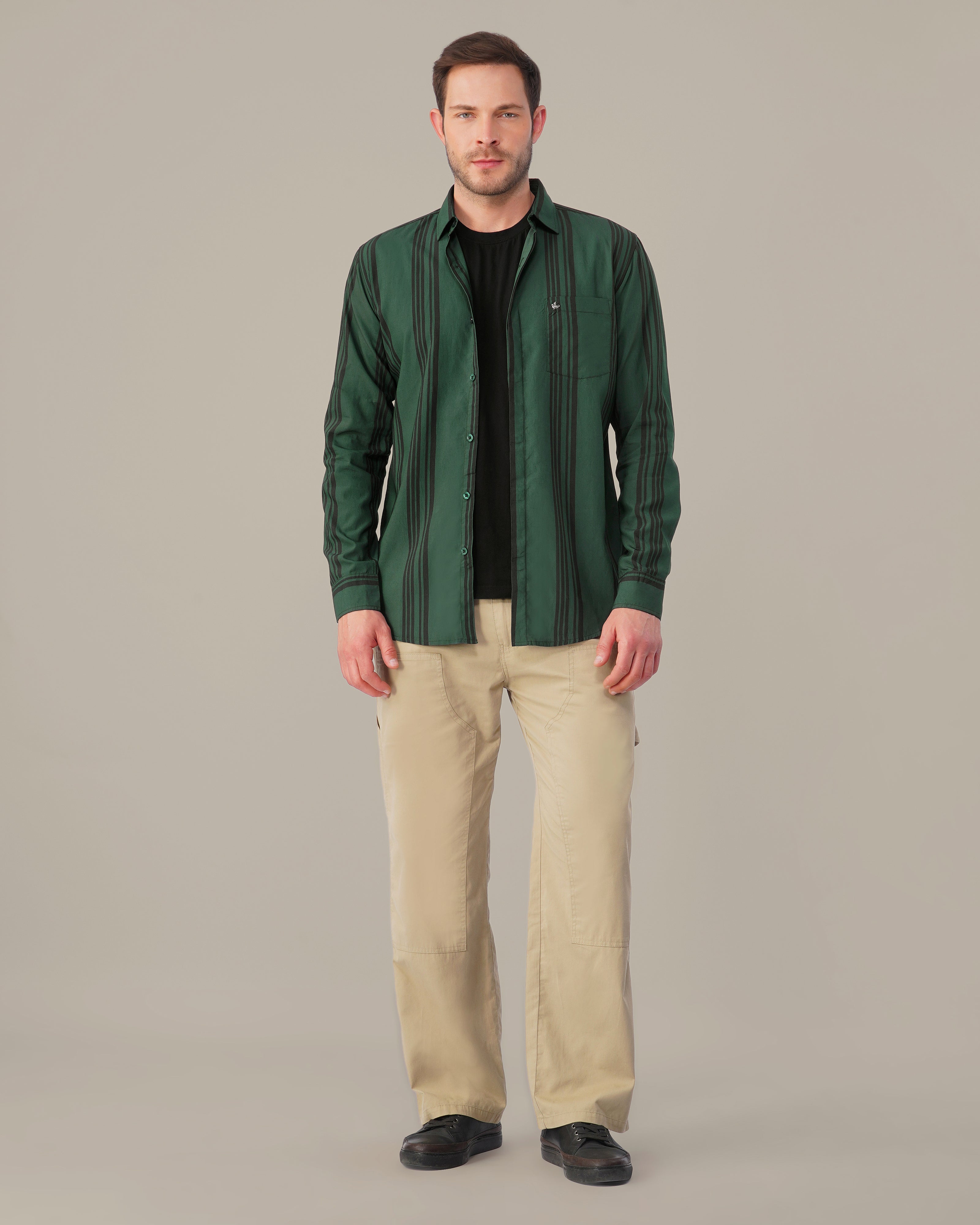 Teal Striped Poly Viscose Regular Fit Shirt