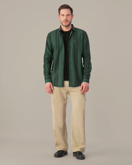 Teal Striped Poly Viscose Regular Fit Shirt