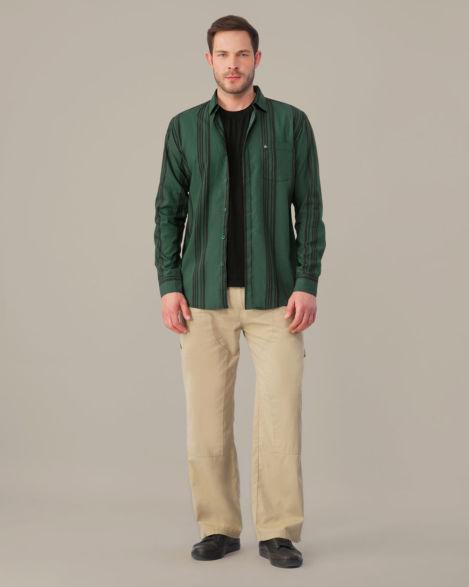 Teal Striped Poly Viscose Regular Fit Shirt