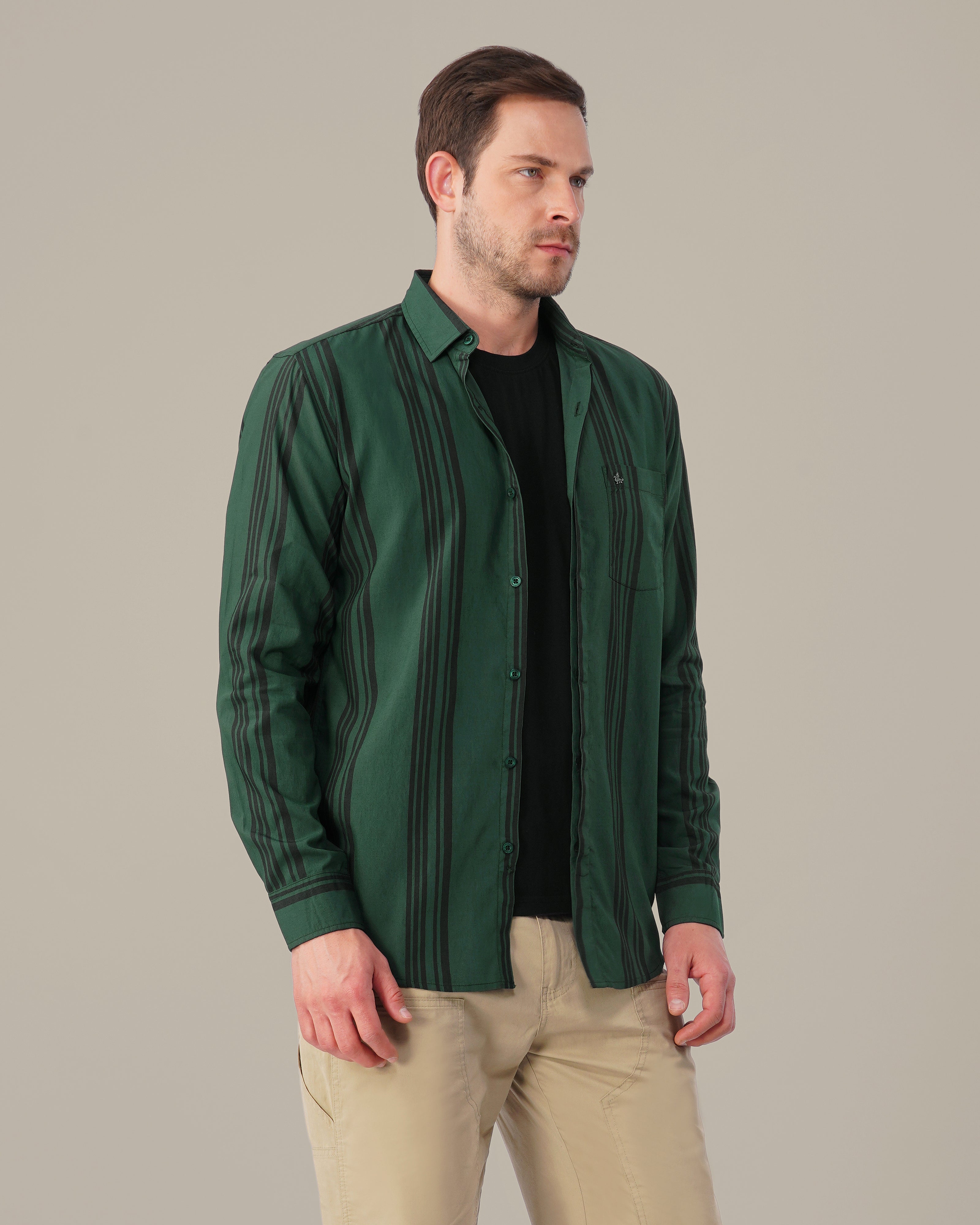 Teal Striped Poly Viscose Regular Fit Shirt