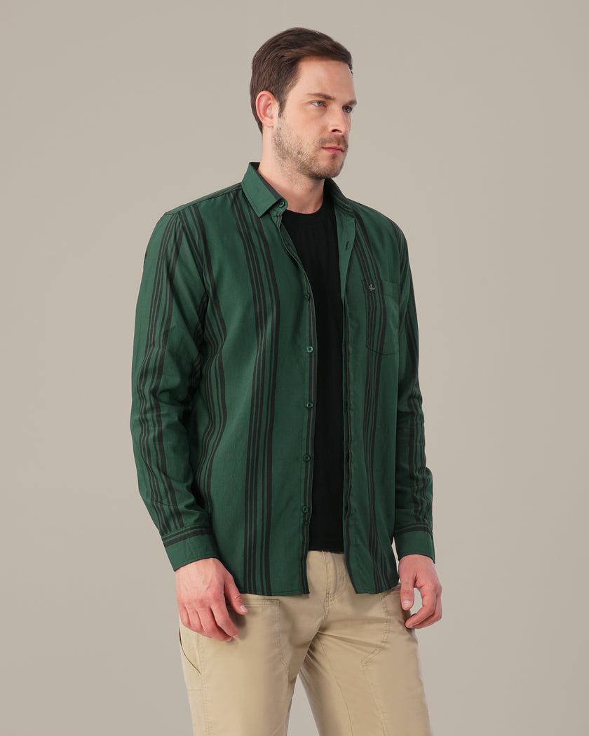 Teal Striped Poly Viscose Regular Fit Shirt