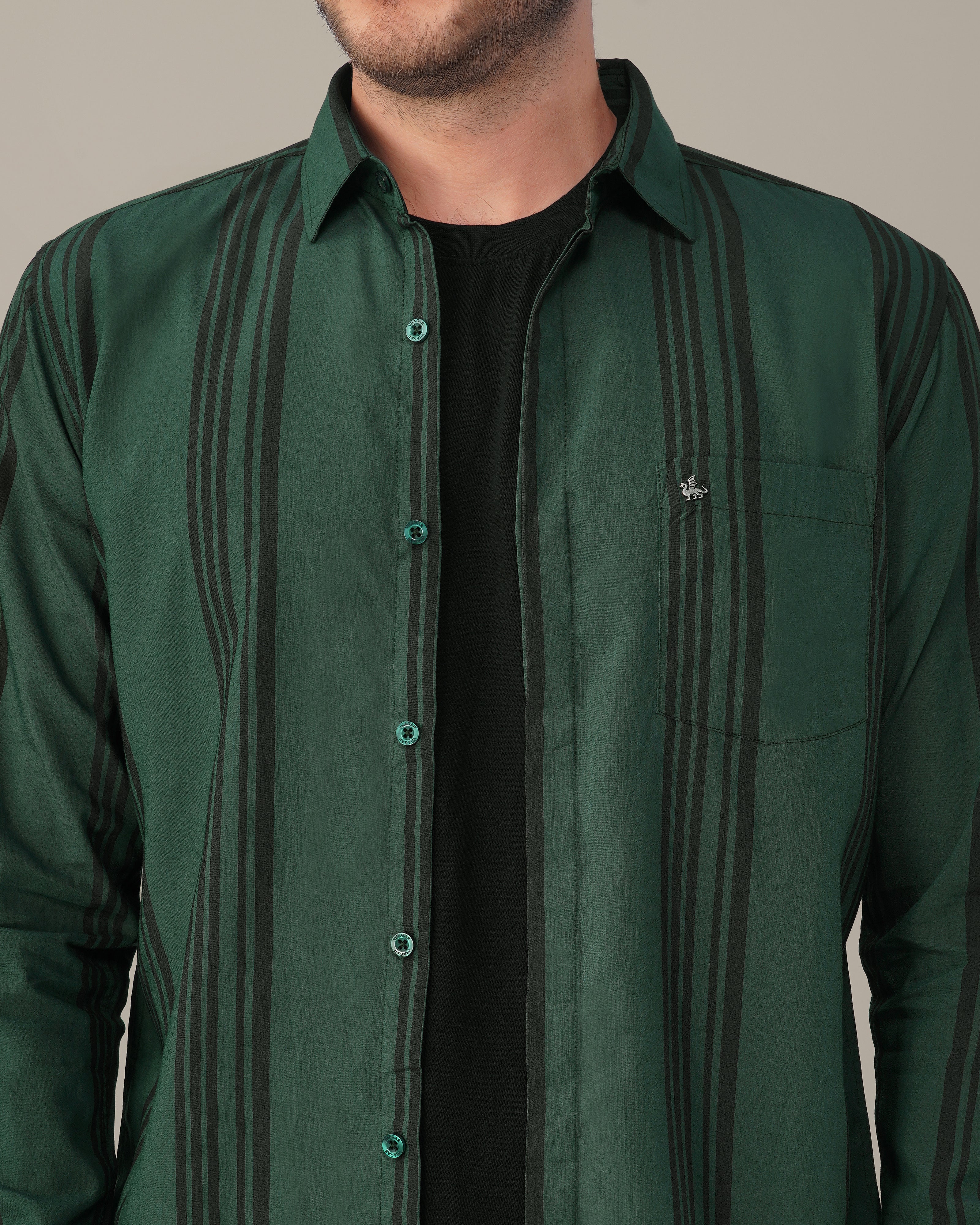 Teal Striped Poly Viscose Regular Fit Shirt