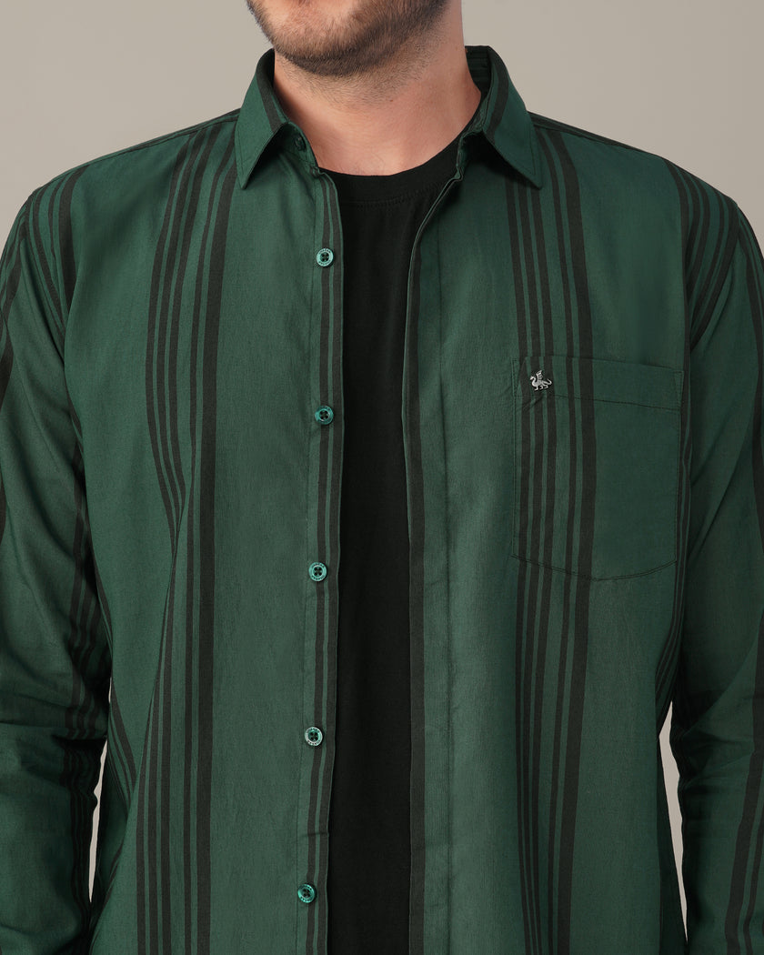 Teal Striped Poly Viscose Regular Fit Shirt