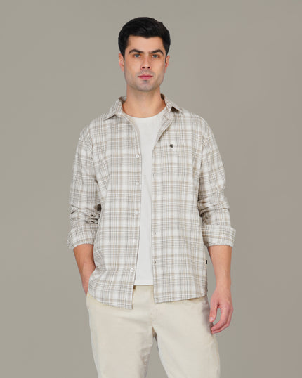 Beige Brown Plaid 100% Cotton Slub Casual Button-Up Shirt