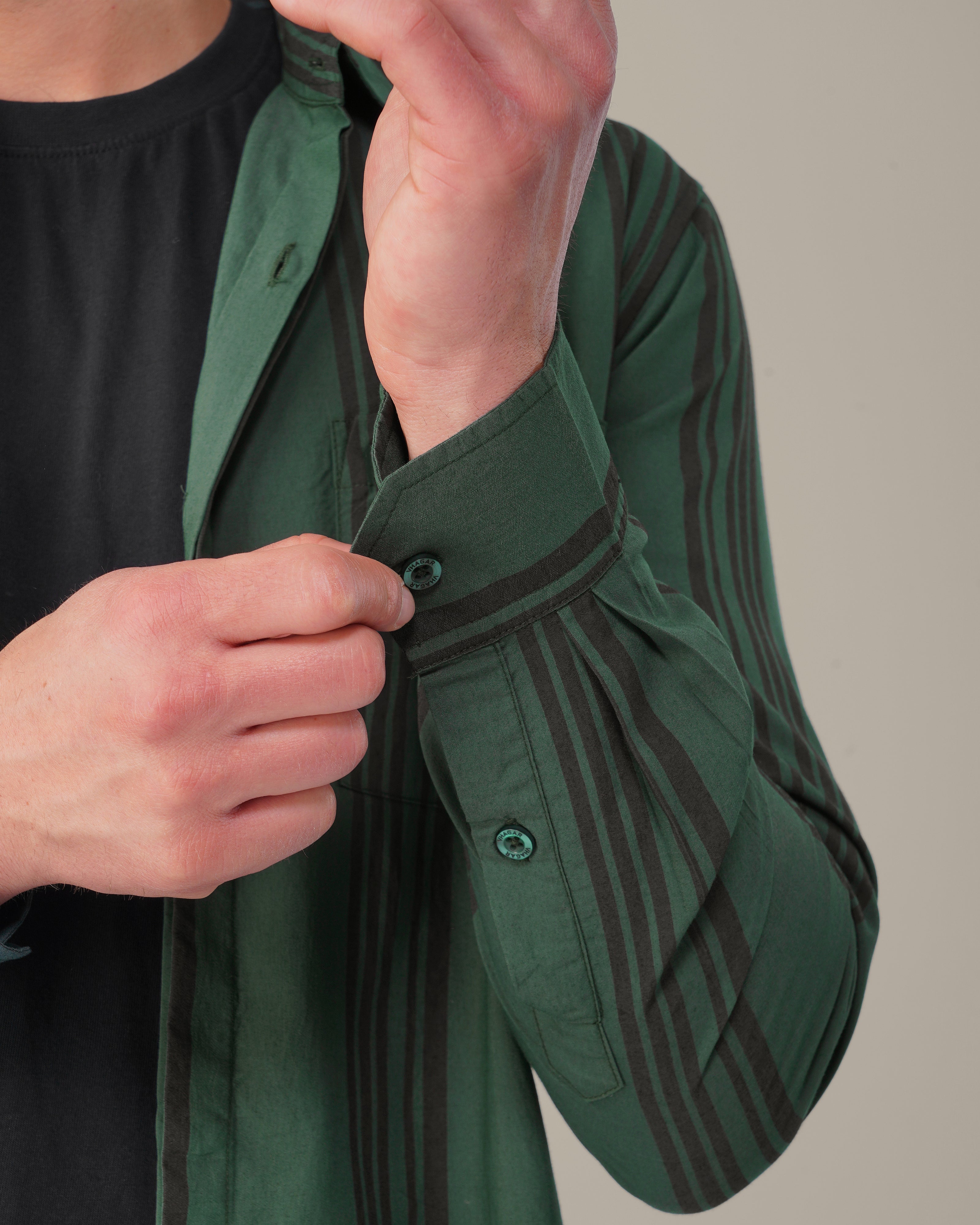 Teal Striped Poly Viscose Regular Fit Shirt
