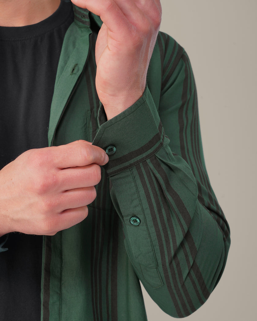Teal Striped Poly Viscose Regular Fit Shirt