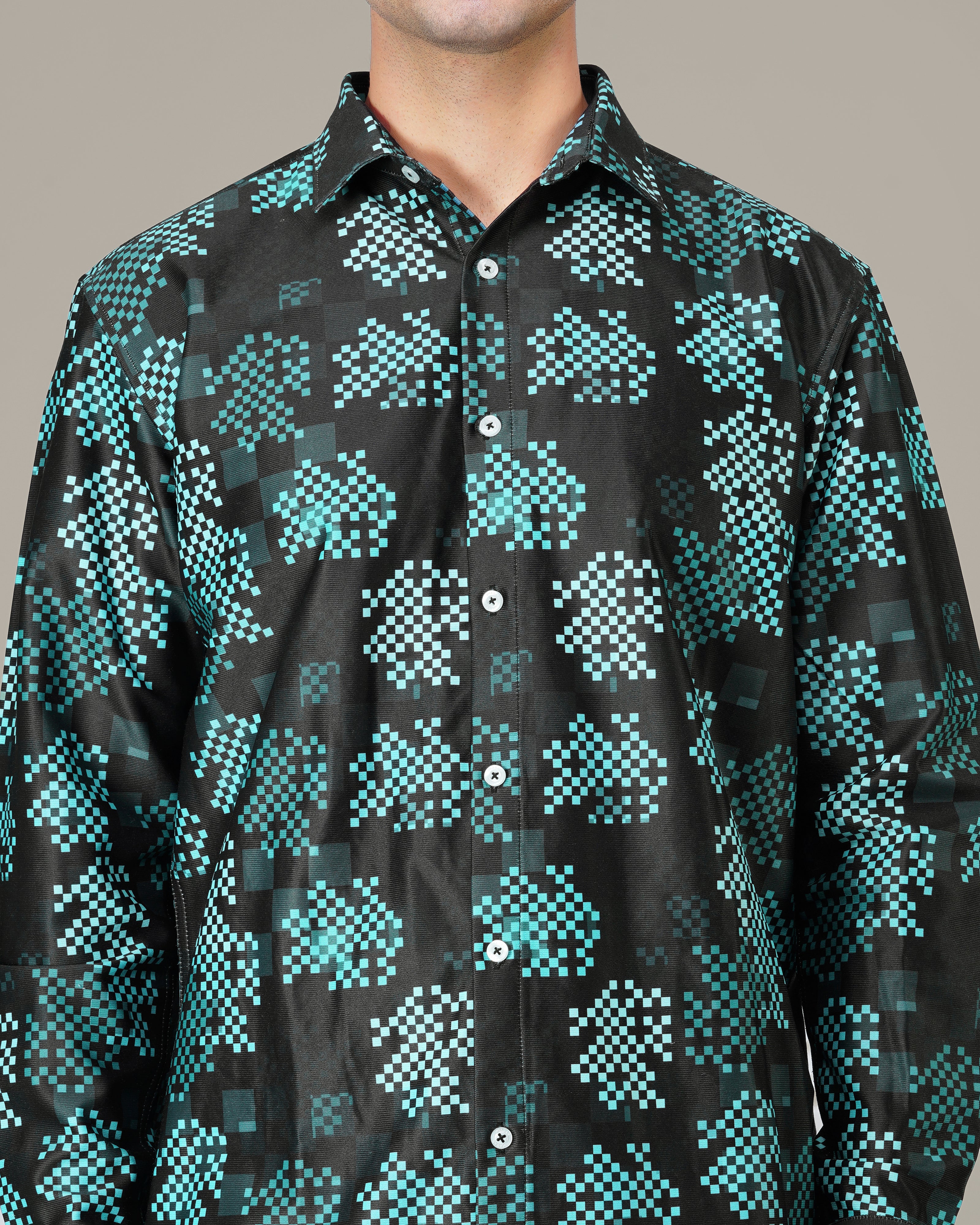 Teal Pixel Polyester Viscose Blend Button-Up Shirt