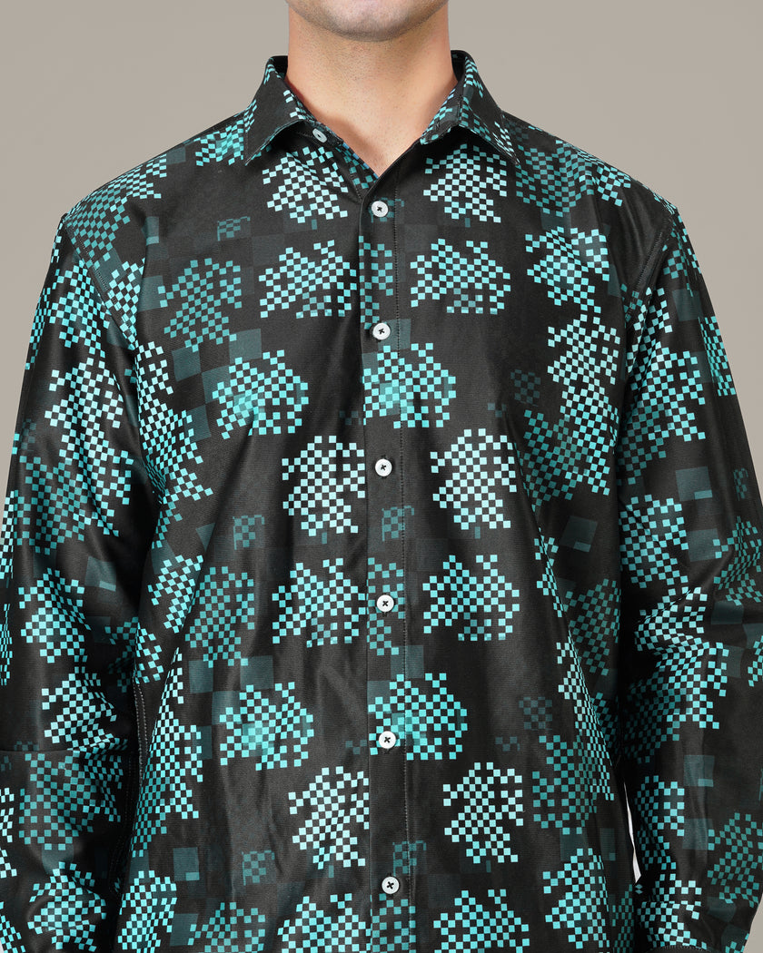 Teal Pixel Polyester Viscose Blend Button-Up Shirt