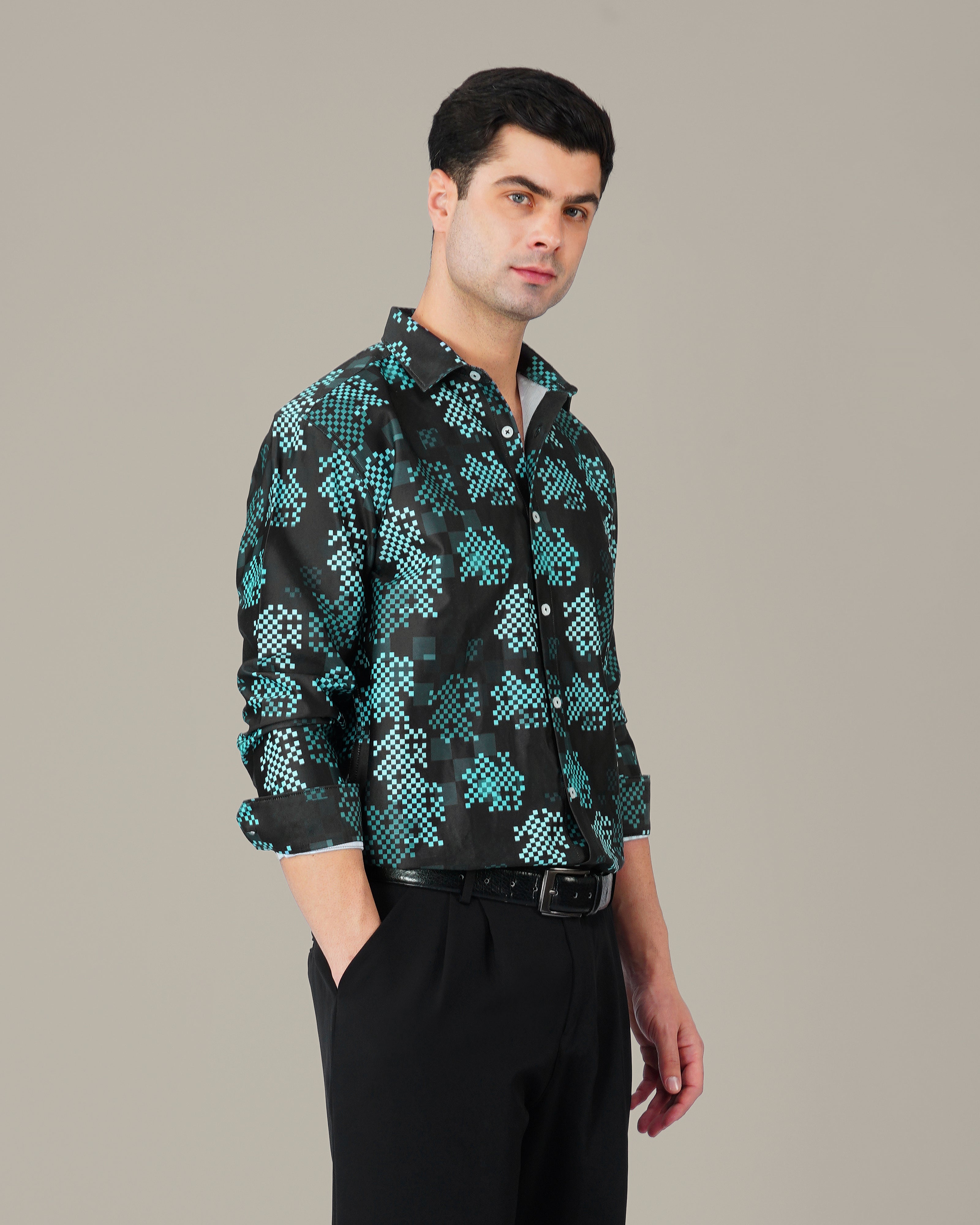 Teal Pixel Polyester Viscose Blend Button-Up Shirt
