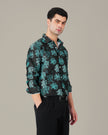 Teal Pixel Polyester Viscose Blend Button-Up Shirt