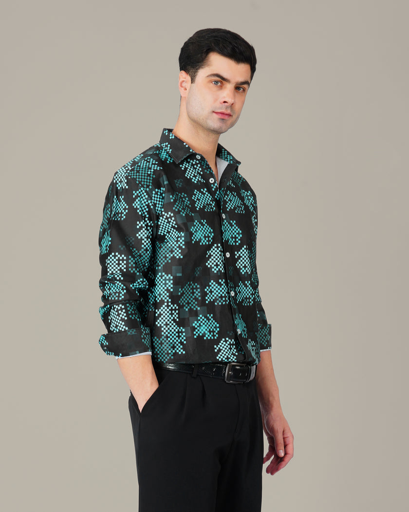 Teal Pixel Polyester Viscose Blend Button-Up Shirt