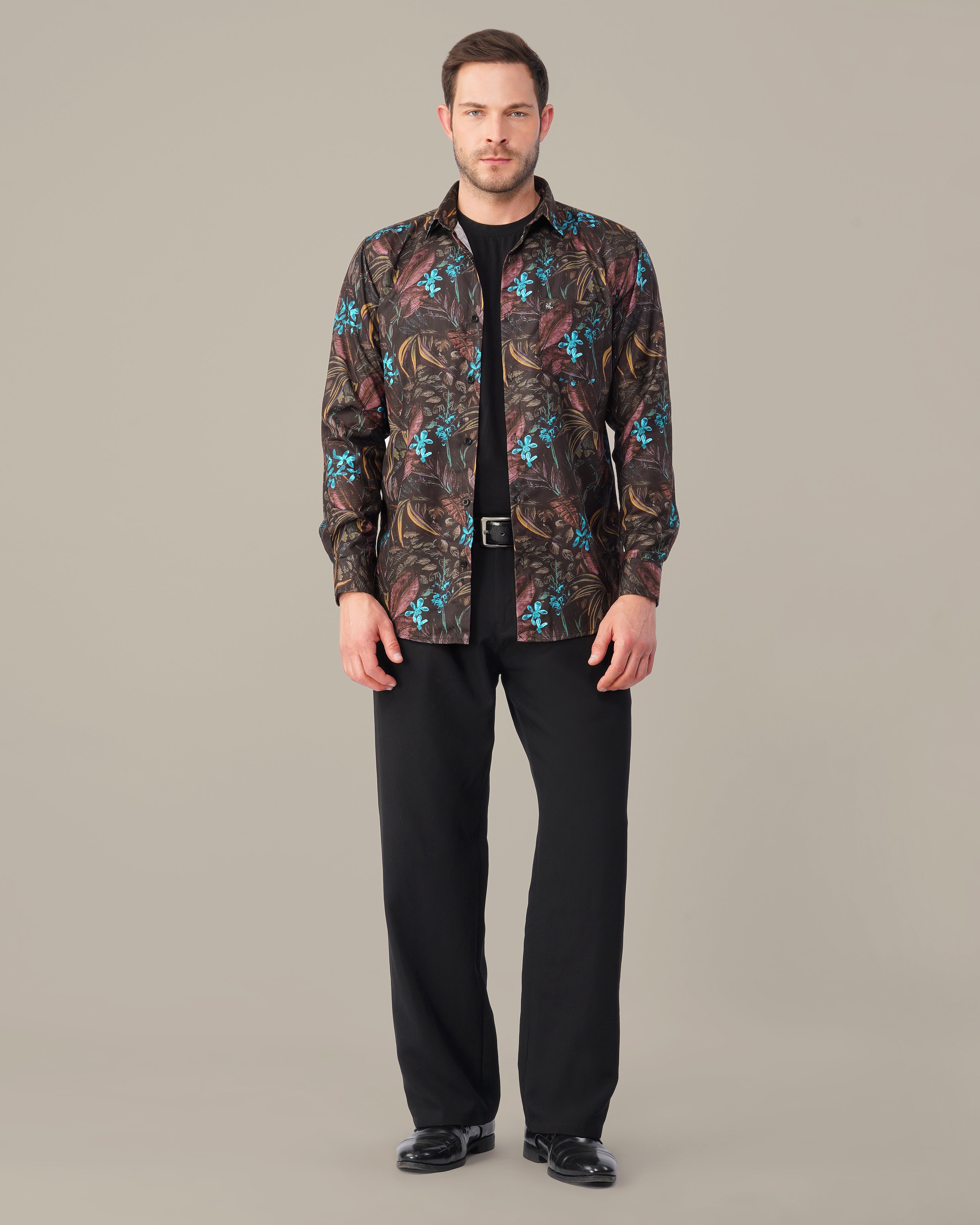 Black Multicolored Floral Polyester Regular Fit Shirt
