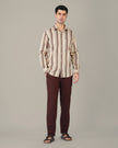 Beige and Brown Vertical Stripe Poly Viscose Blend Regular Fit Shirt