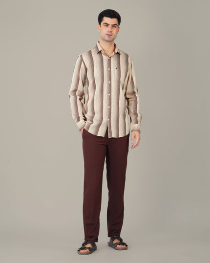 Beige and Brown Vertical Stripe Poly Viscose Blend Regular Fit Shirt