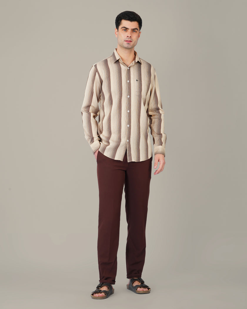 Beige and Brown Vertical Stripe Poly Viscose Blend Regular Fit Shirt