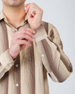 Beige and Brown Vertical Stripe Poly Viscose Blend Regular Fit Shirt