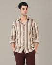 Beige and Brown Vertical Stripe Poly Viscose Blend Regular Fit Shirt