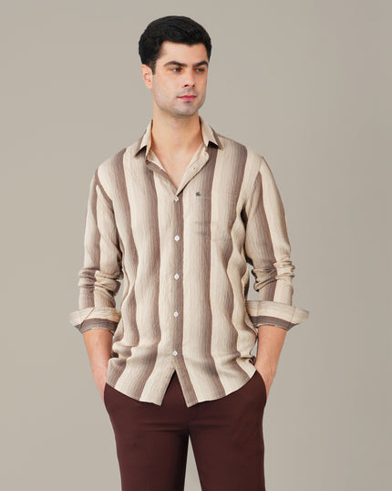 Beige and Brown Vertical Stripe Poly Viscose Blend Regular Fit Shirt