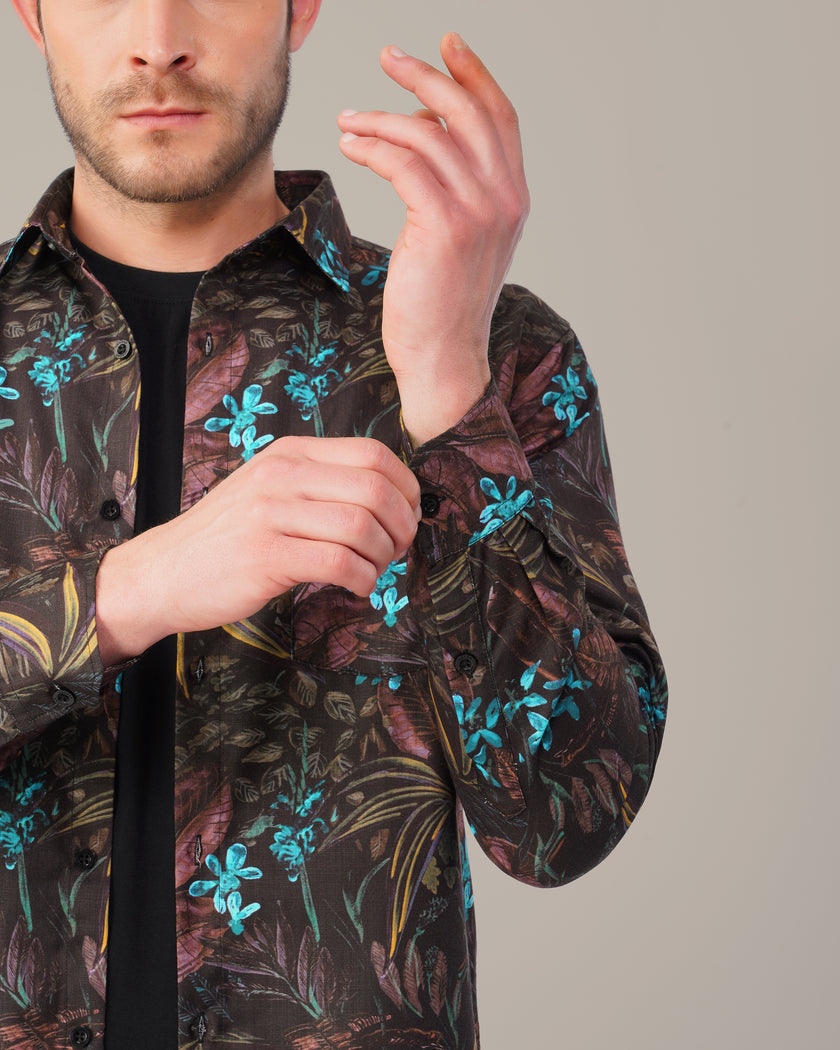 Black Multicolored Floral Polyester Regular Fit Shirt