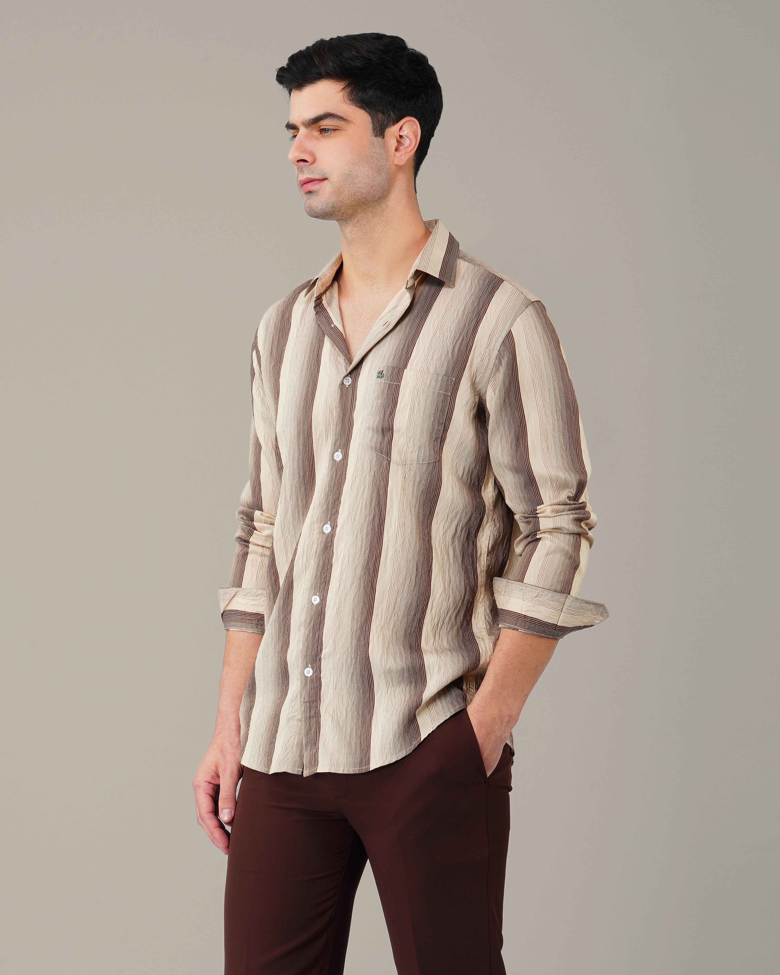 Beige and Brown Vertical Stripe Poly Viscose Blend Regular Fit Shirt