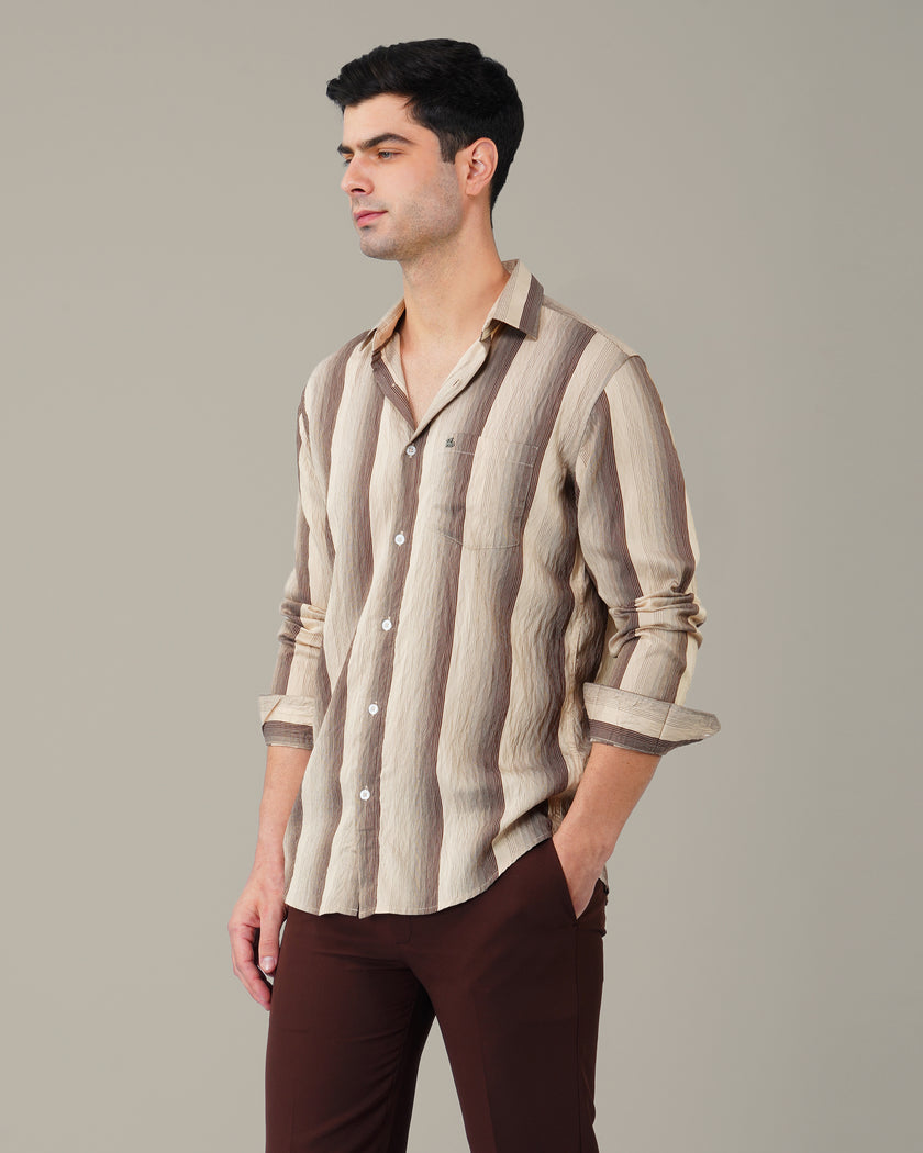 Beige and Brown Vertical Stripe Poly Viscose Blend Regular Fit Shirt