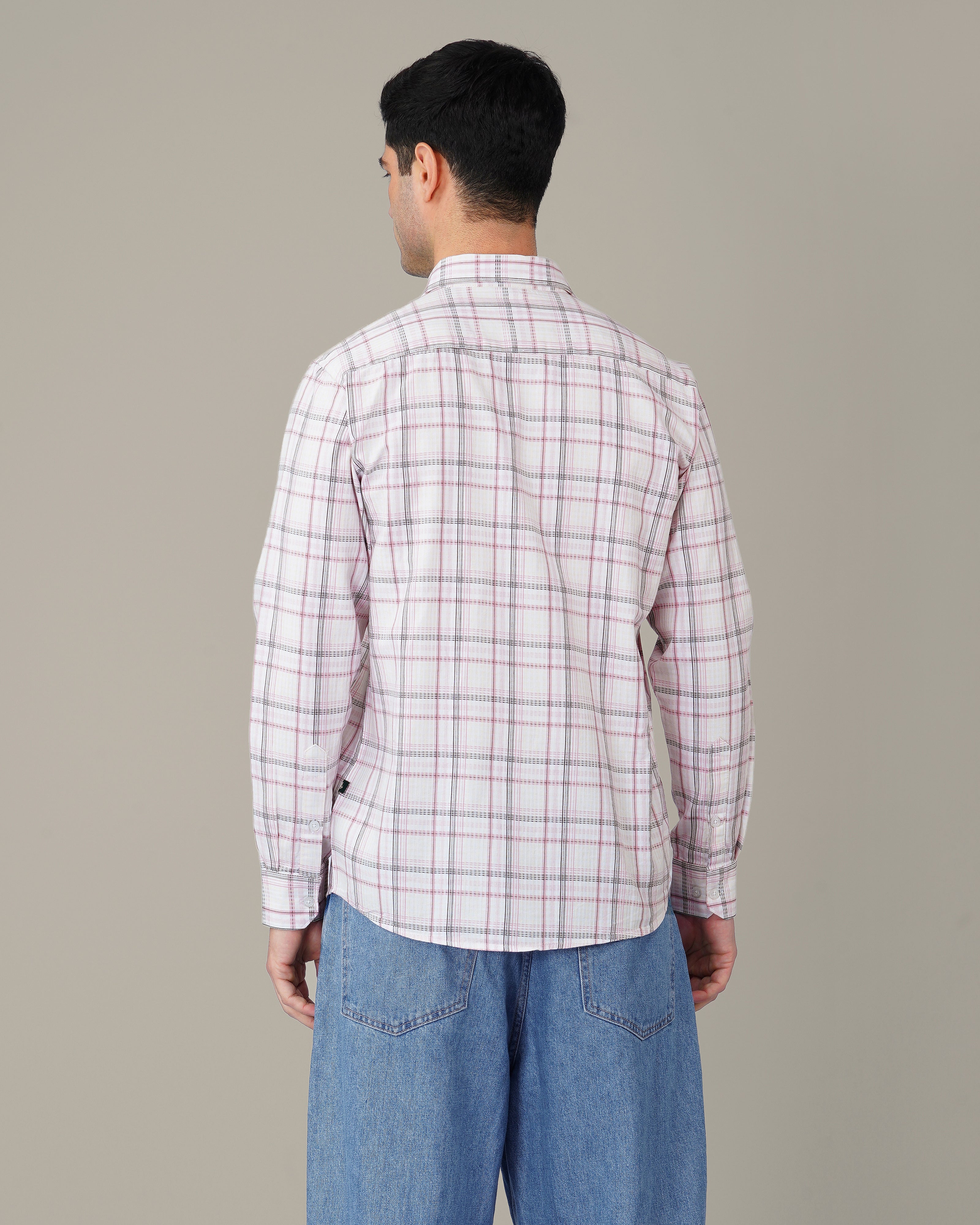 White and Pink Check Cotton Slub Regular Fit Shirt