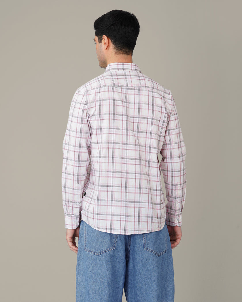 White and Pink Check Cotton Slub Regular Fit Shirt