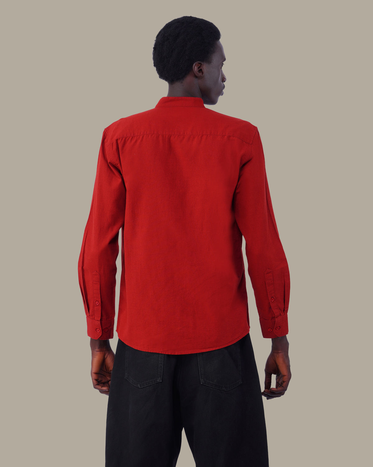 Bright Red Solid Cotton Slub Mandarin Collar Shirt
