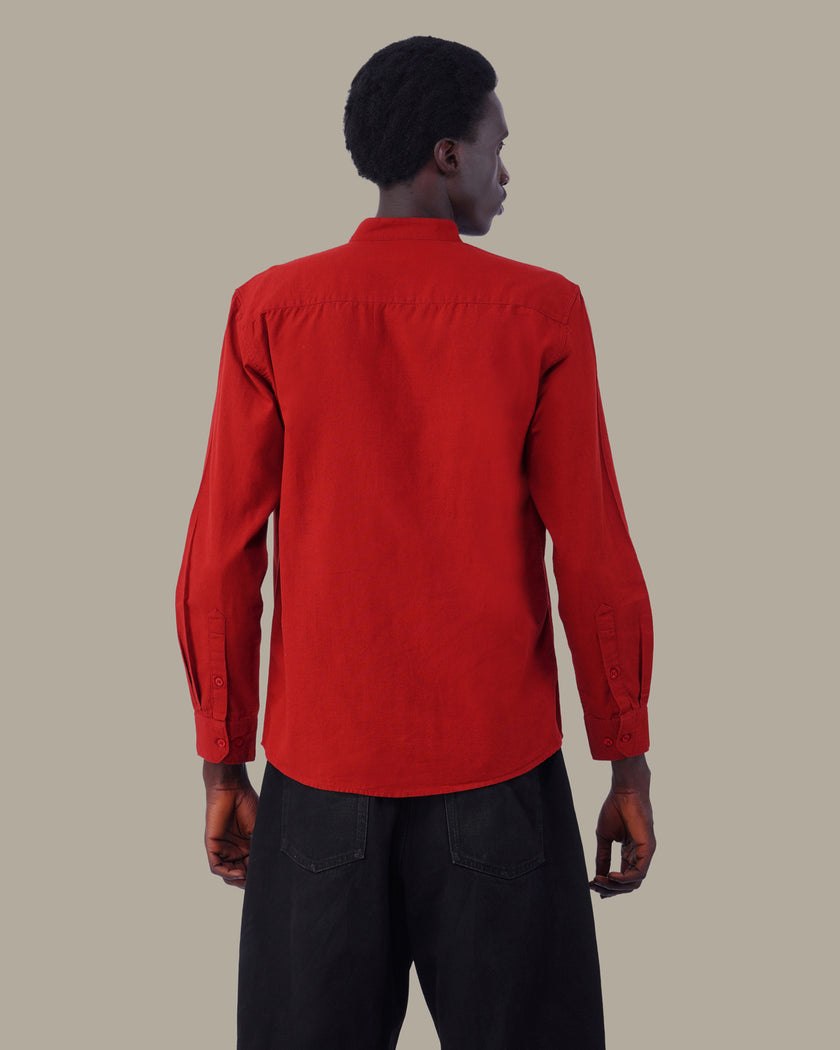 Bright Red Solid Cotton Slub Mandarin Collar Shirt