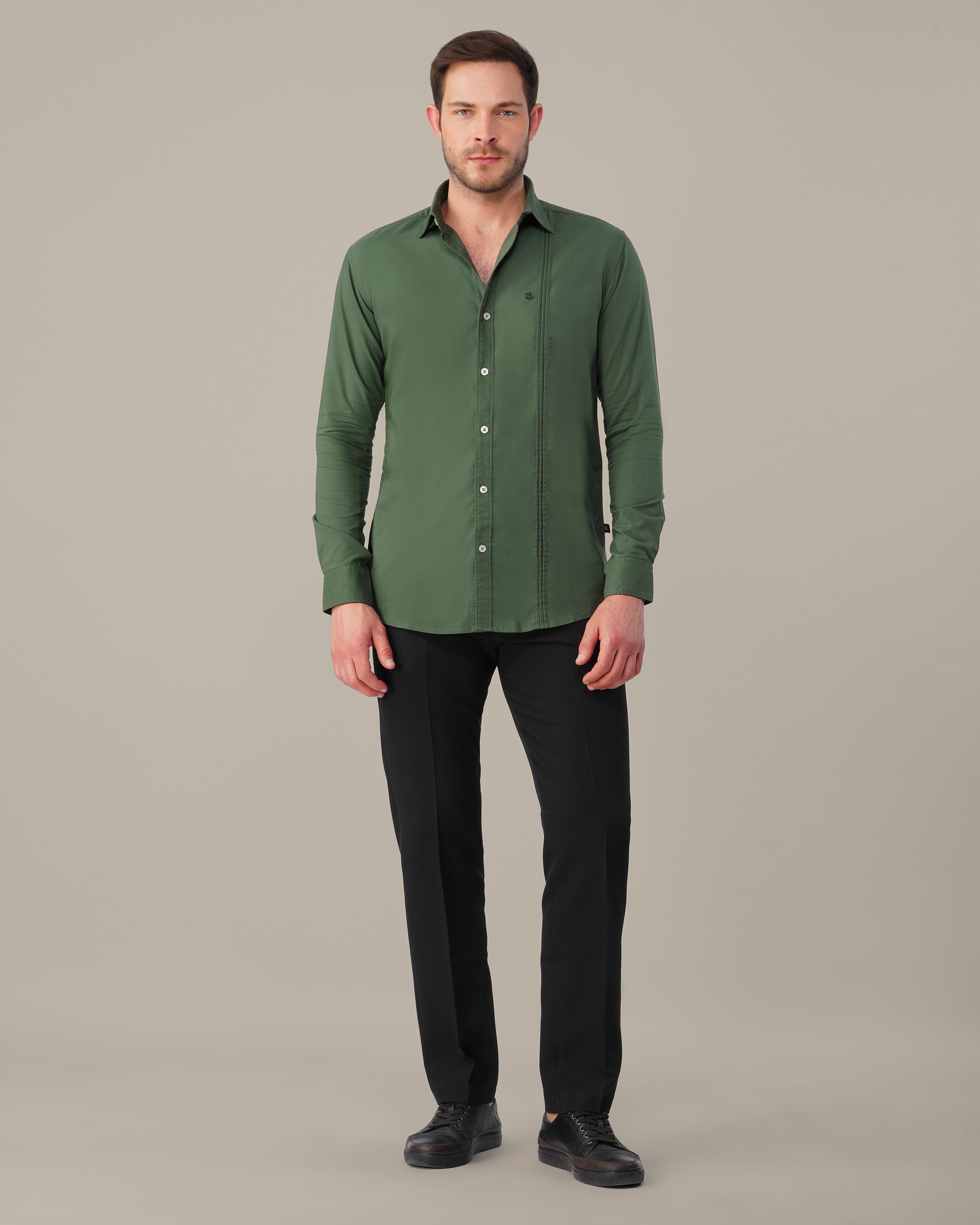 Forest Green Solid Polyester Blend Regular Fit Shirt
