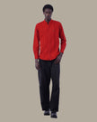Bright Red Solid Cotton Slub Mandarin Collar Shirt