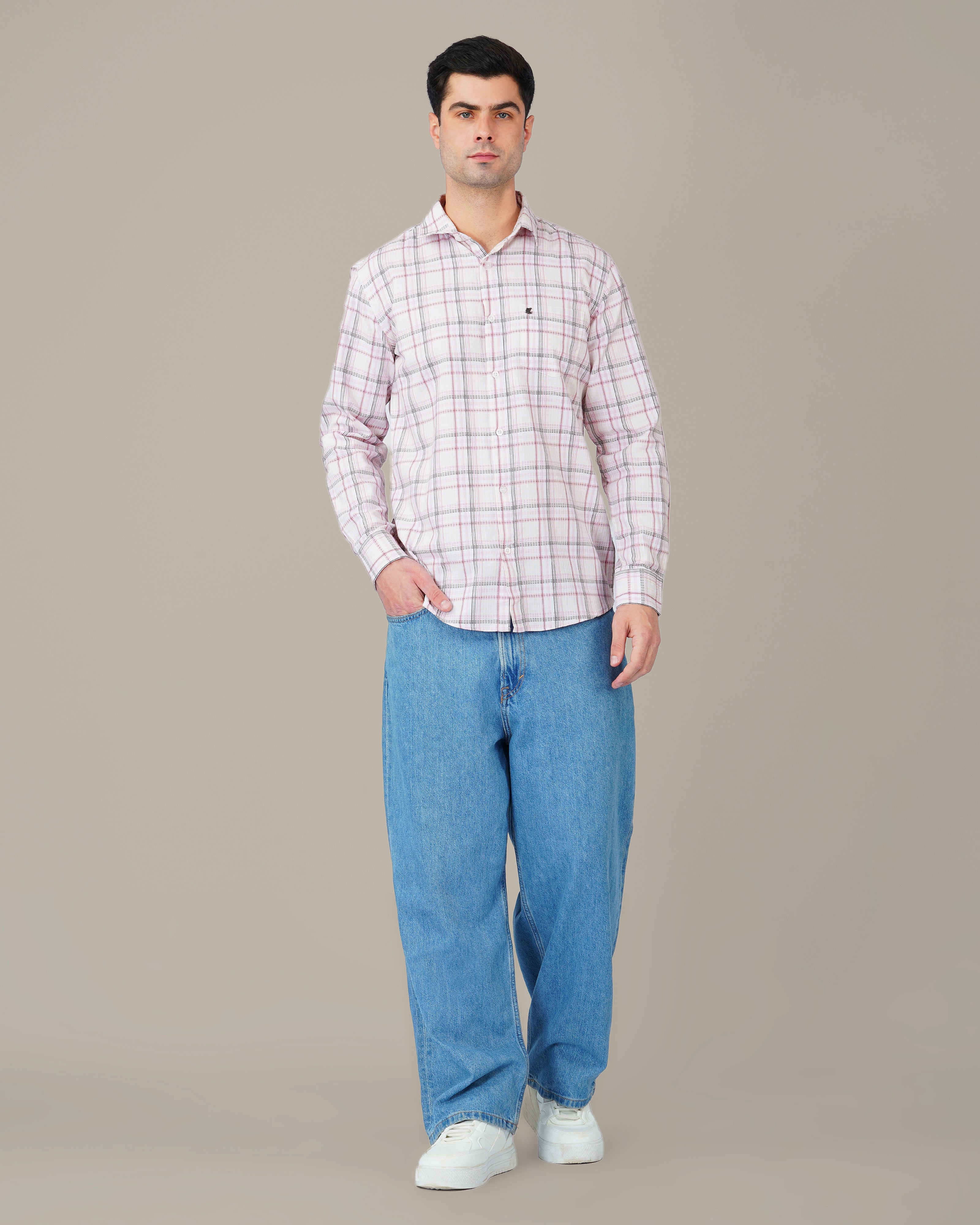 White and Pink Check Cotton Slub Regular Fit Shirt
