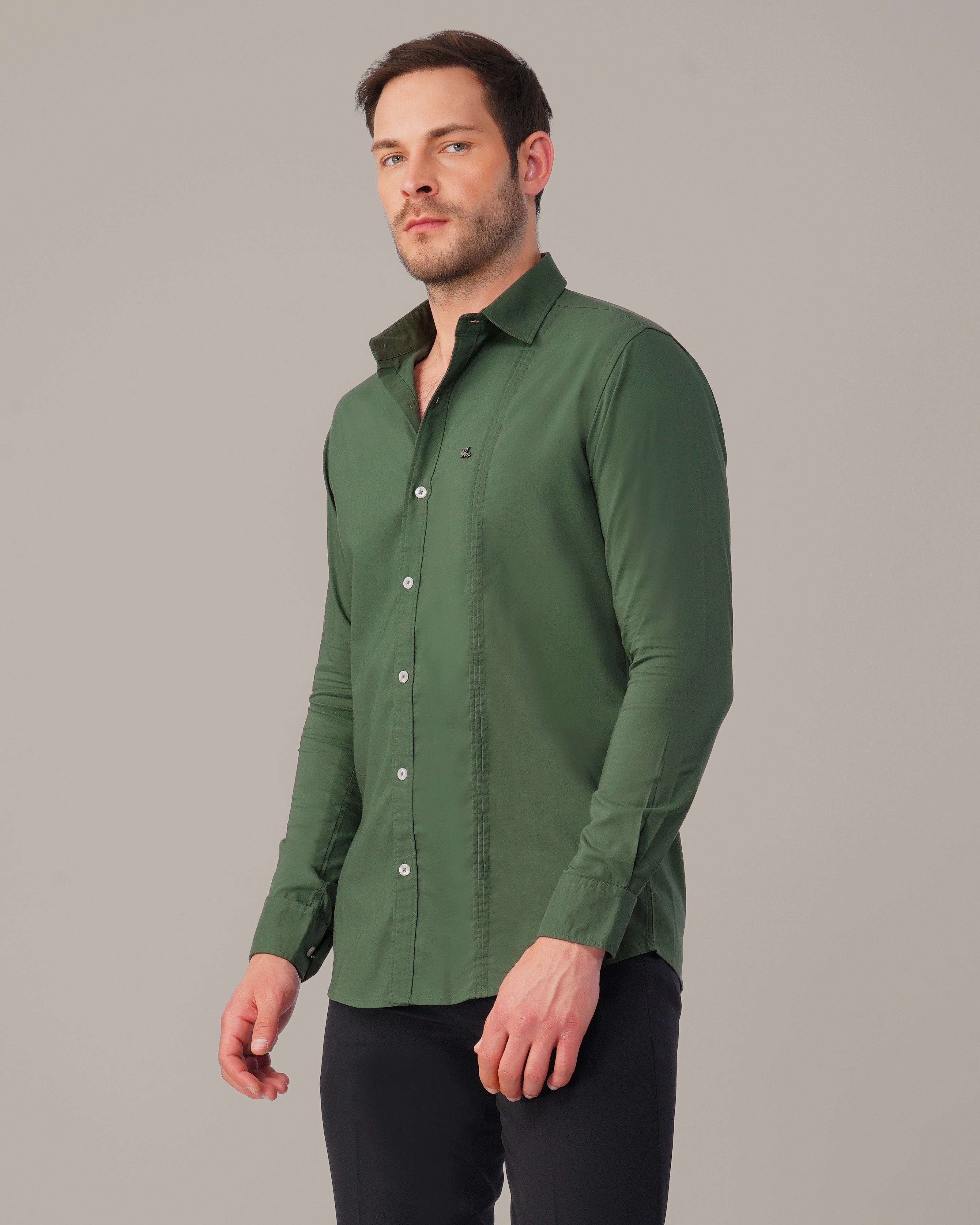 Forest Green Solid Polyester Blend Regular Fit Shirt