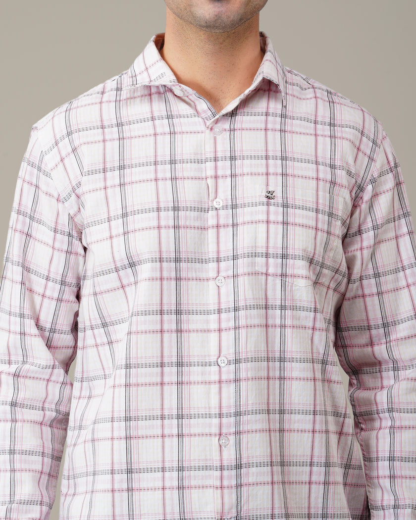 White and Pink Check Cotton Slub Regular Fit Shirt