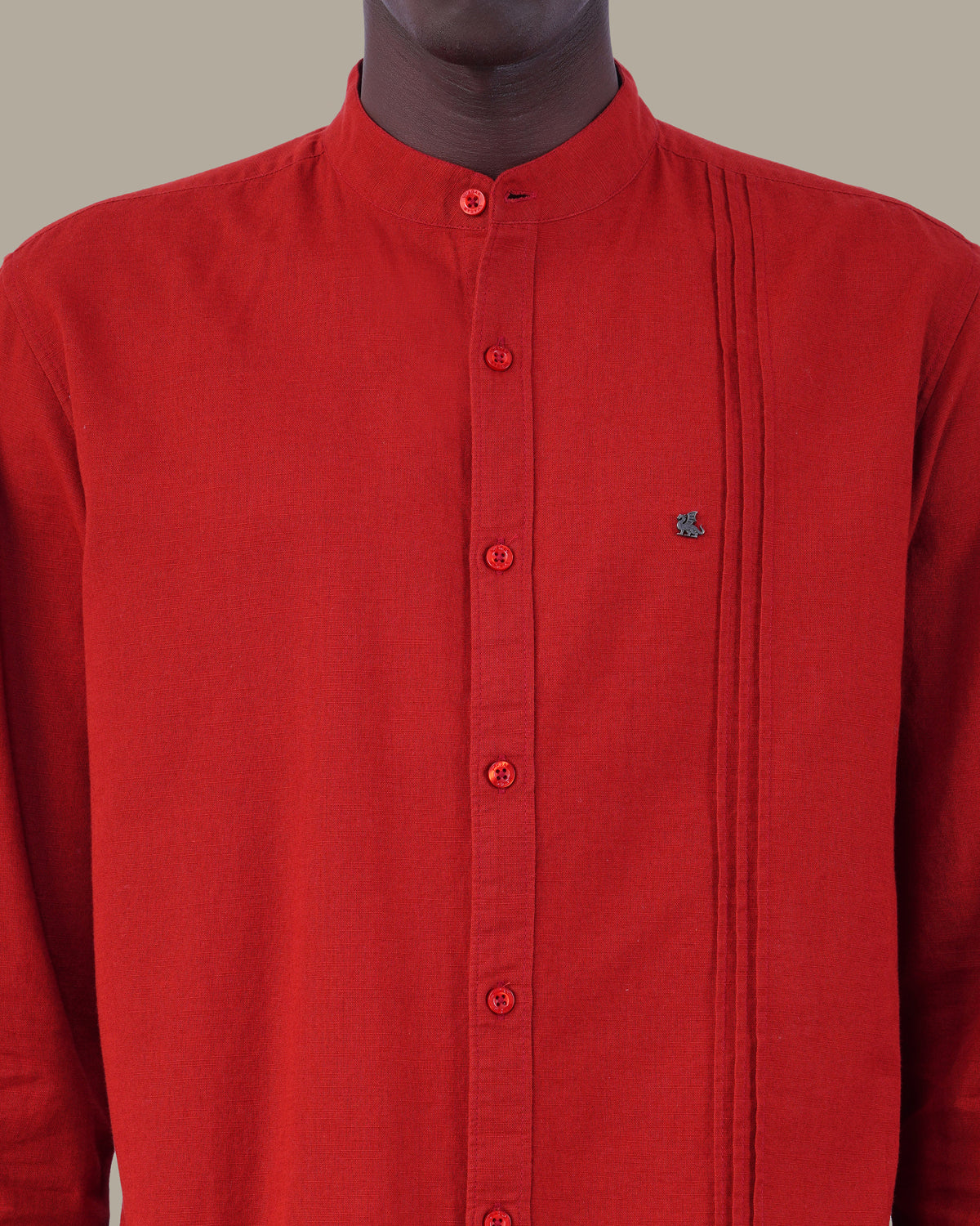 Bright Red Solid Cotton Slub Mandarin Collar Shirt