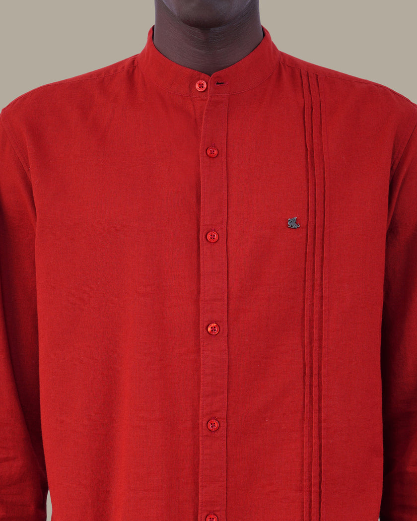 Bright Red Solid Cotton Slub Mandarin Collar Shirt